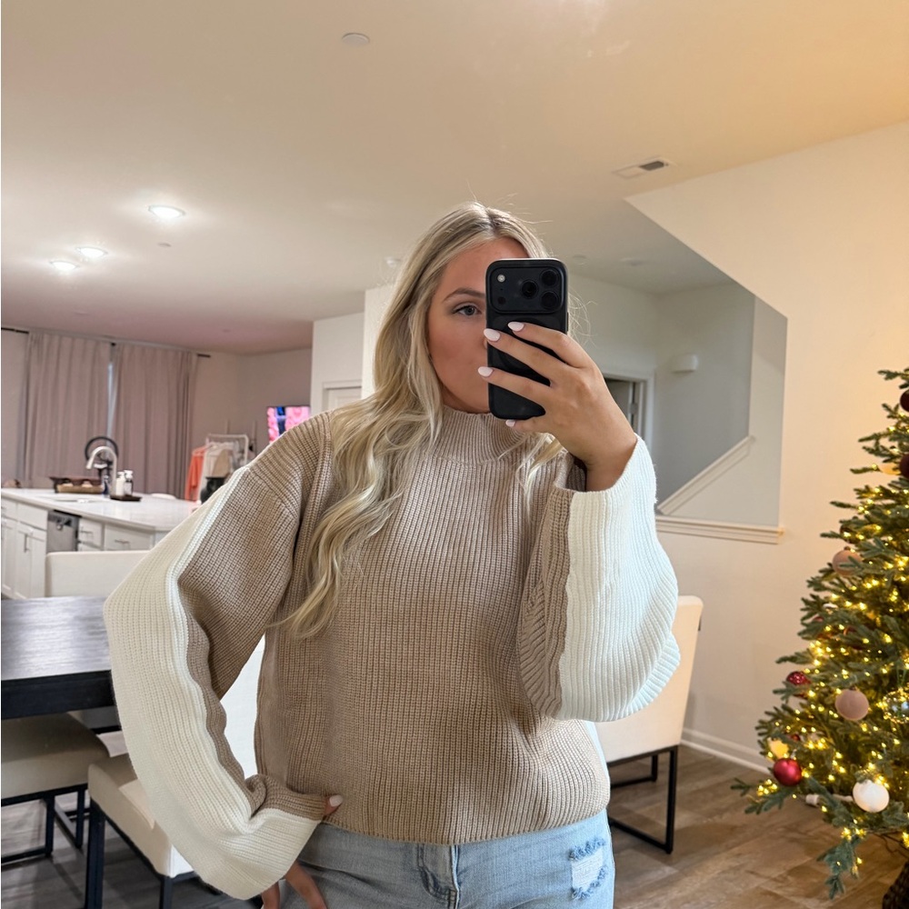 One arrival mock neck knit taupe white Women's Sweater